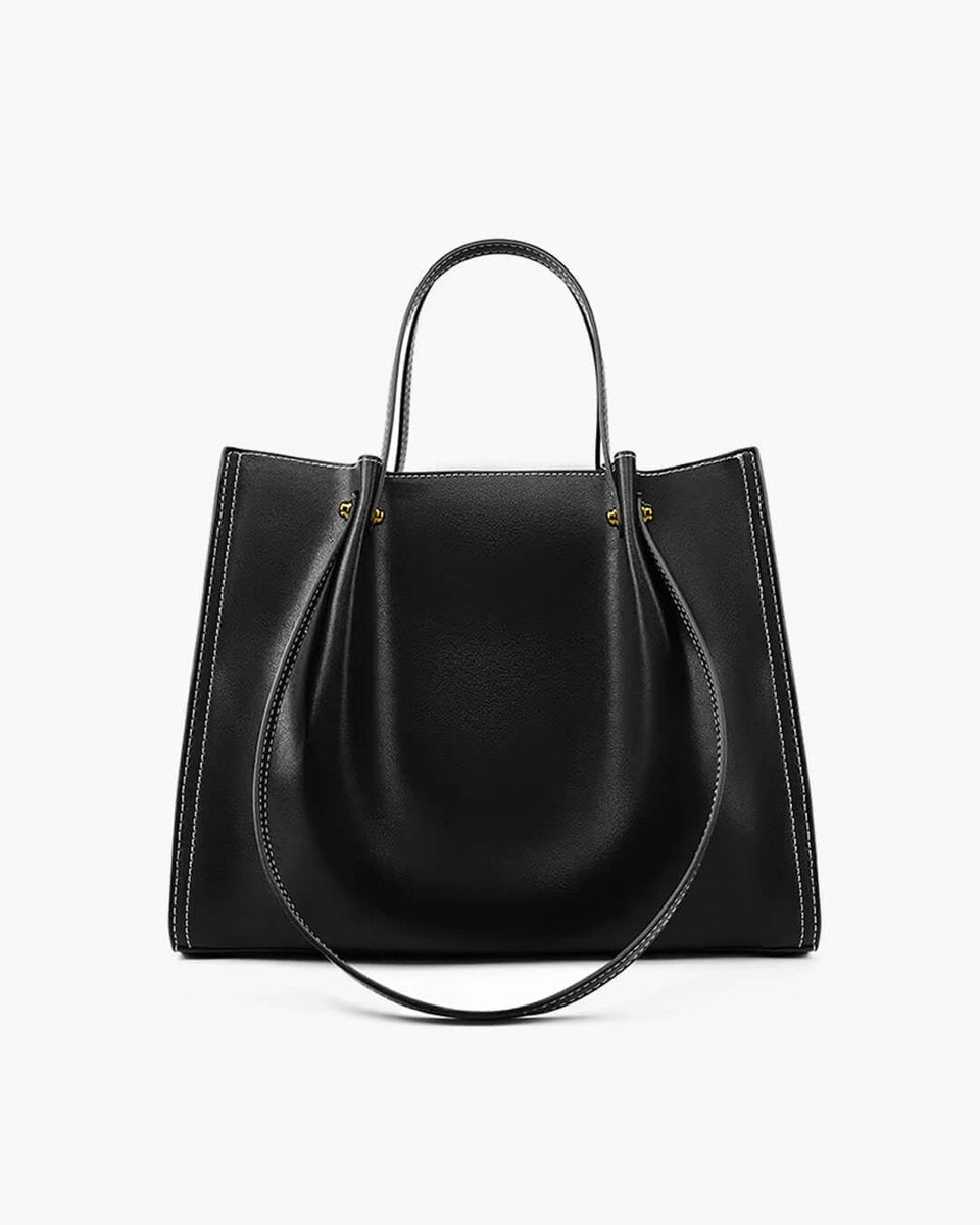 Vegan Leather Minimalist Tote Bag Contrast Stitch Shoulder Bag - Black