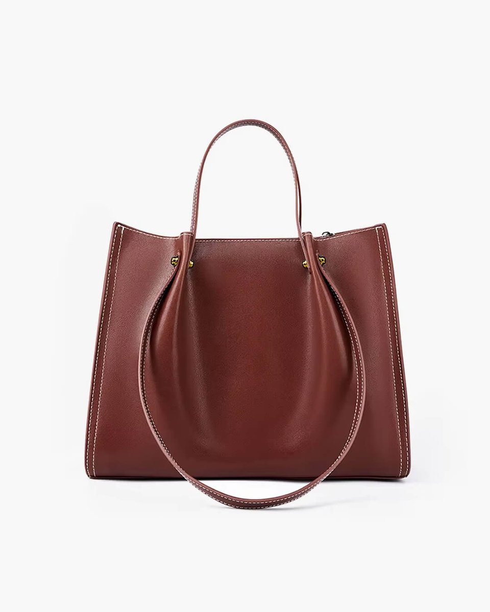 Vegan Leather Minimalist Tote Bag Contrast Stitch Shoulder Bag - Brown