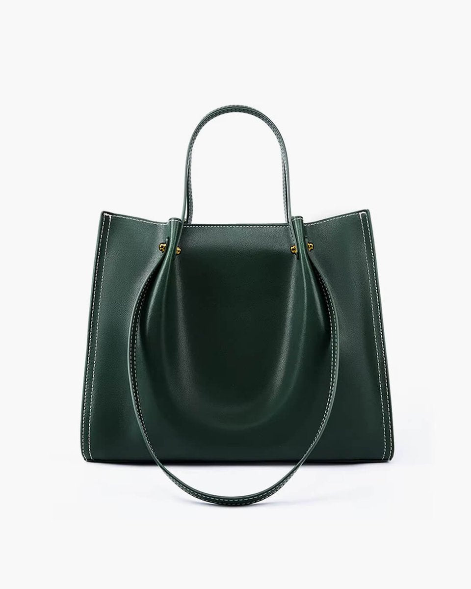Vegan Leather Minimalist Tote Bag Contrast Stitch Shoulder Bag - Green