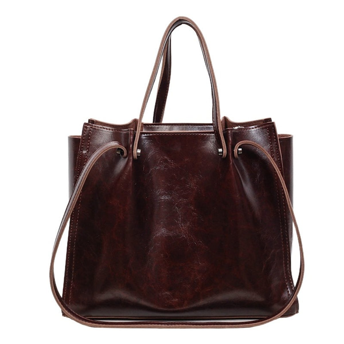 Vegan Leather Minimalist Tote Bag Contrast Stitch Shoulder Bag - Maroon