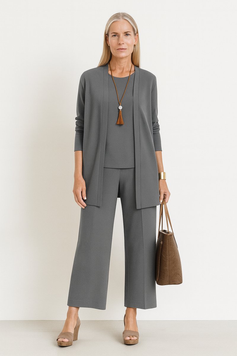 Women's 3-Piece Open-Front Longline Cardigan Wide-Leg Pants Set - Grau
