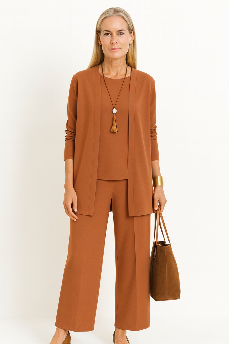 Women's 3-Piece Open-Front Longline Cardigan Wide-Leg Pants Set - Hellbraun