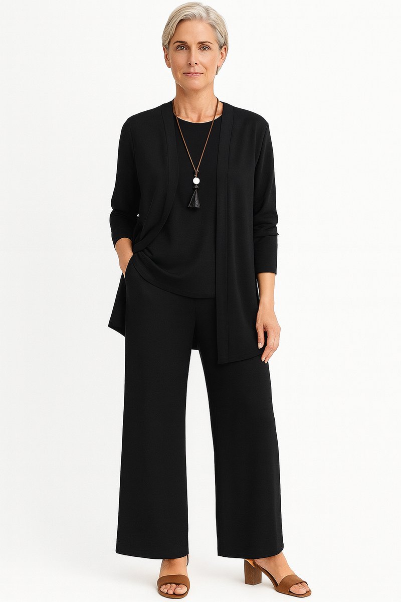 Women's 3-Piece Open-Front Longline Cardigan Wide-Leg Pants Set - Schwarz
