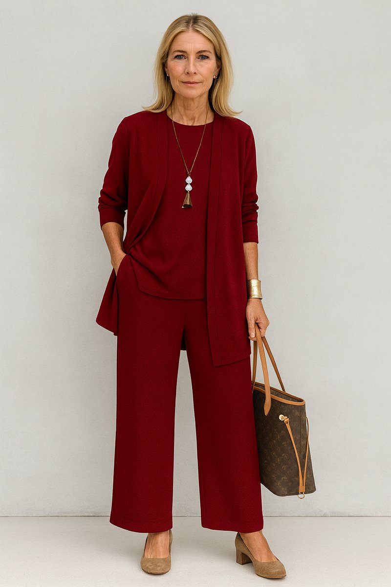 Women's 3-Piece Open-Front Longline Cardigan Wide-Leg Pants Set - Rot