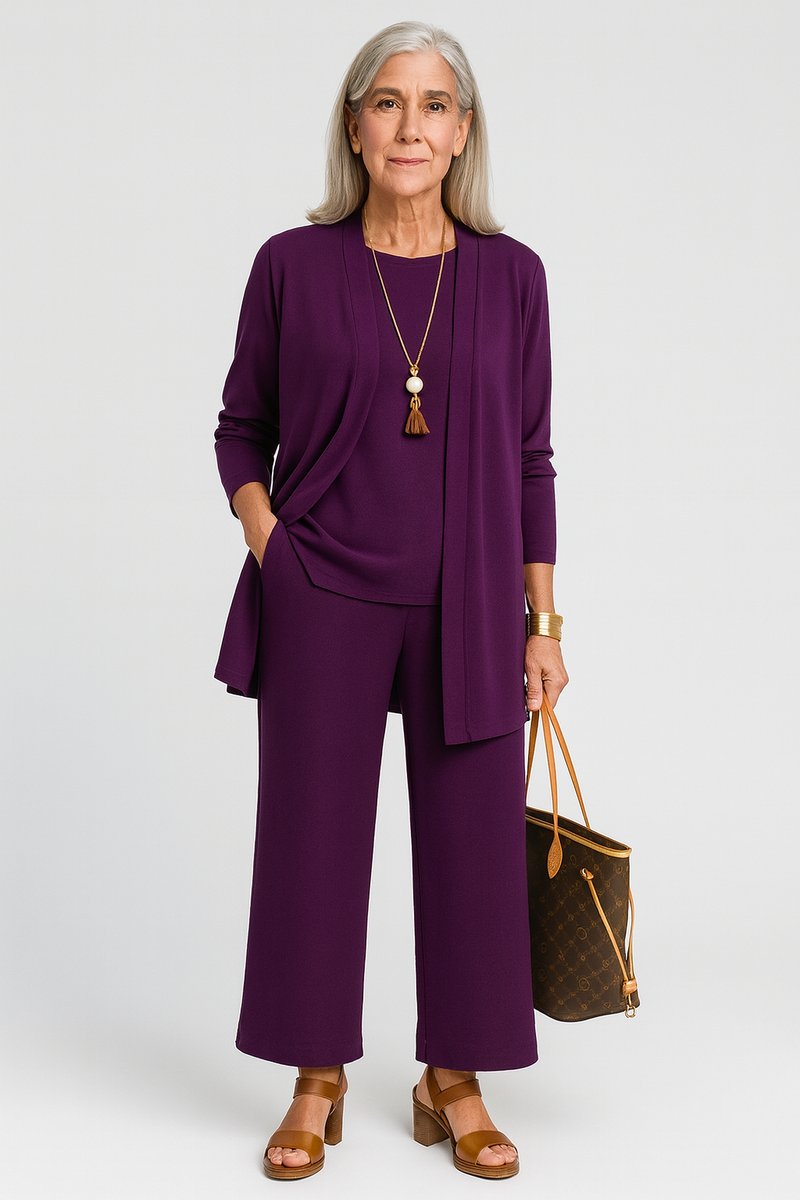 Women's 3-Piece Open-Front Longline Cardigan Wide-Leg Pants Set - Lila