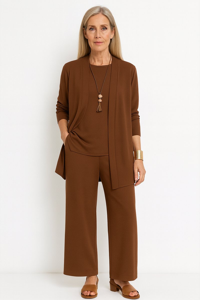 Women's 3-Piece Open-Front Longline Cardigan Wide-Leg Pants Set - Braun