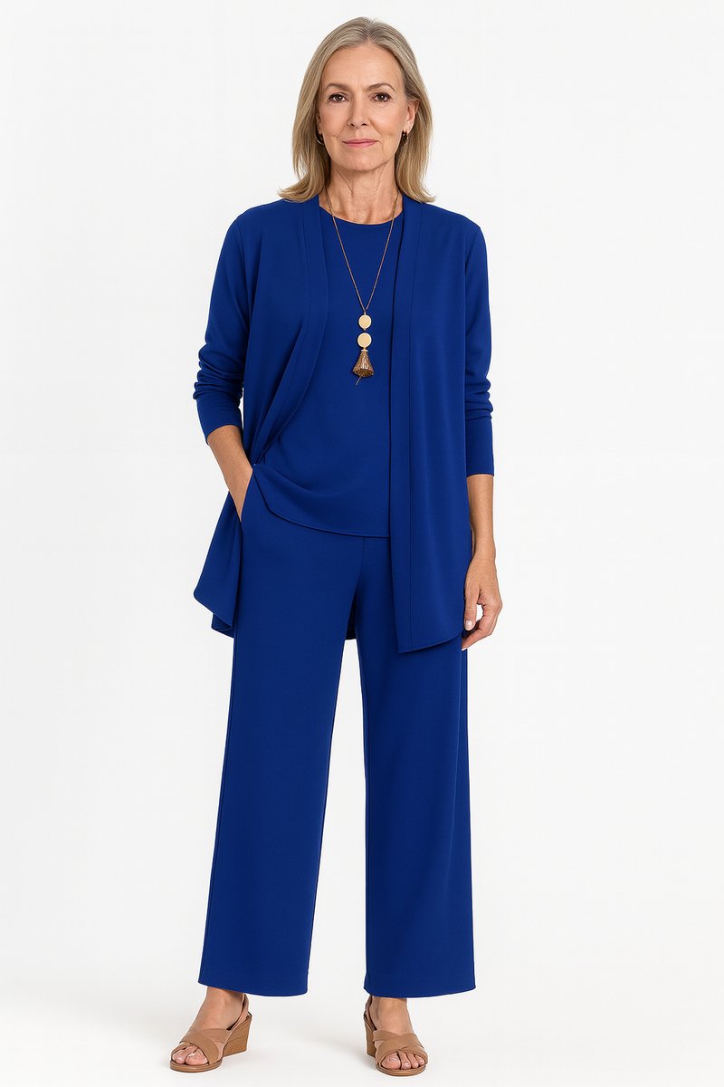 Women's 3-Piece Open-Front Longline Cardigan Wide-Leg Pants Set - Blau