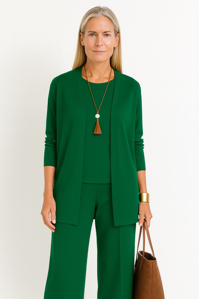 Women's 3-Piece Open-Front Longline Cardigan Wide-Leg Pants Set - Grün