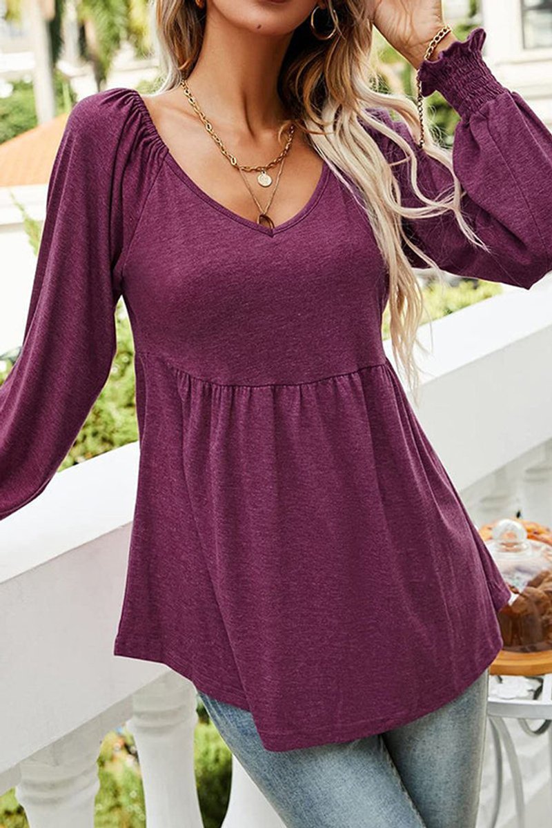Women's Babydoll V-Neck Long Sleeve Flowy Tunic Top - Vintrode