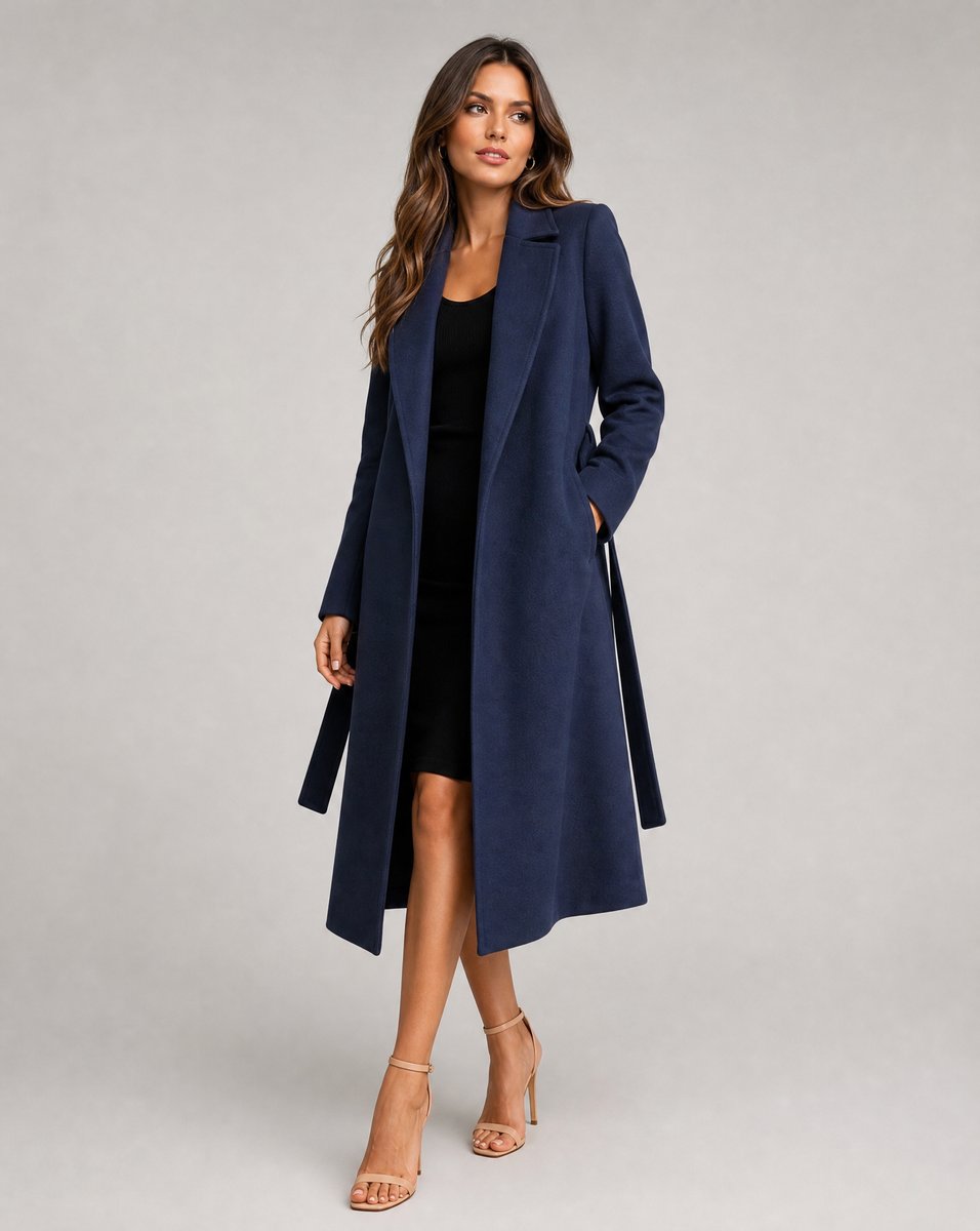 Women's Belted Wool-Blend Long Trench Coat Notched Lapel Overcoat