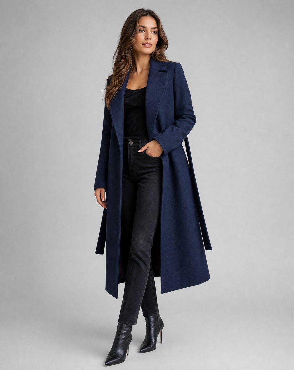 Women's Belted Wool-Blend Long Trench Coat Notched Lapel Overcoat - Navy