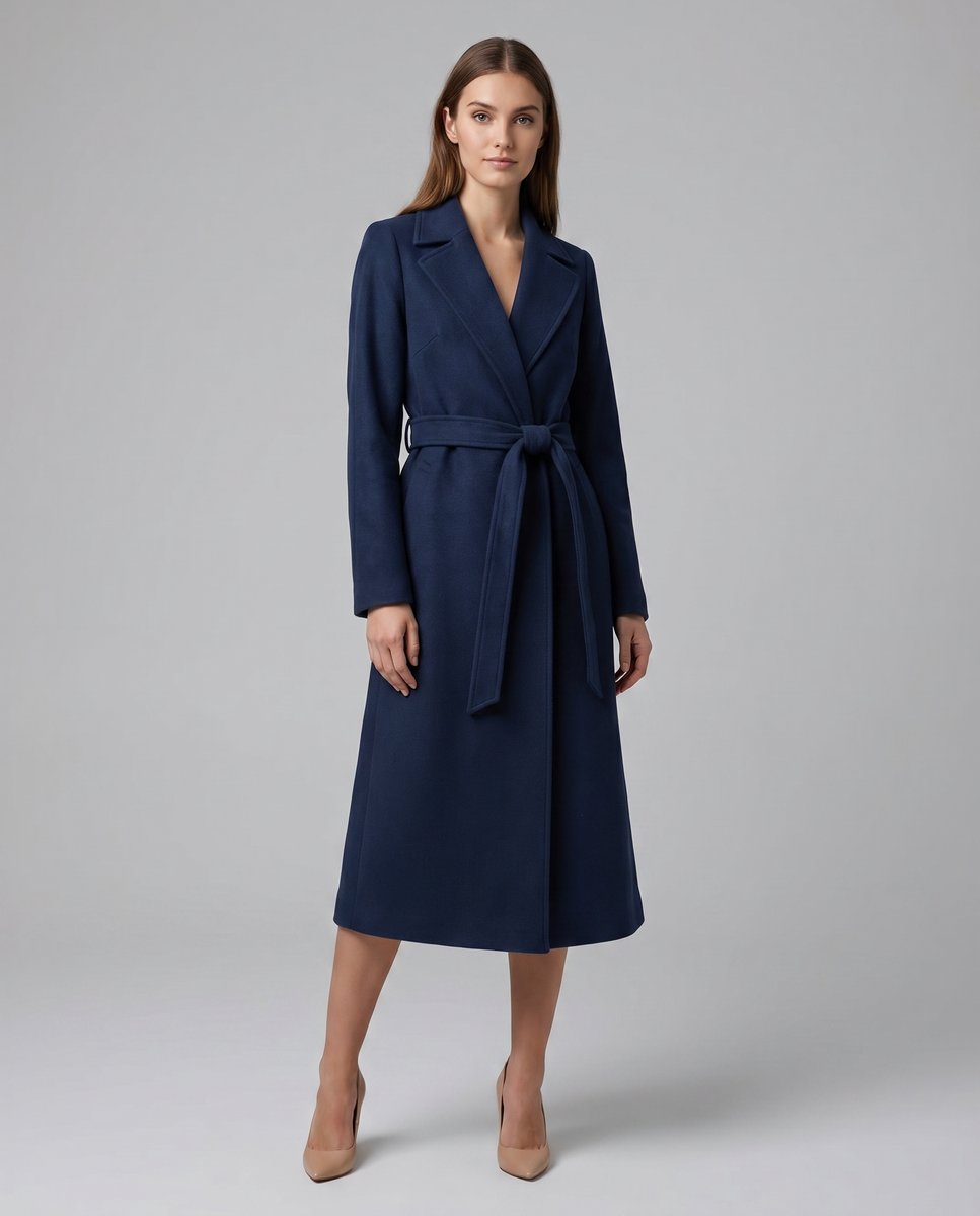 Women's Belted Wool-Blend Long Trench Coat Notched Lapel Overcoat