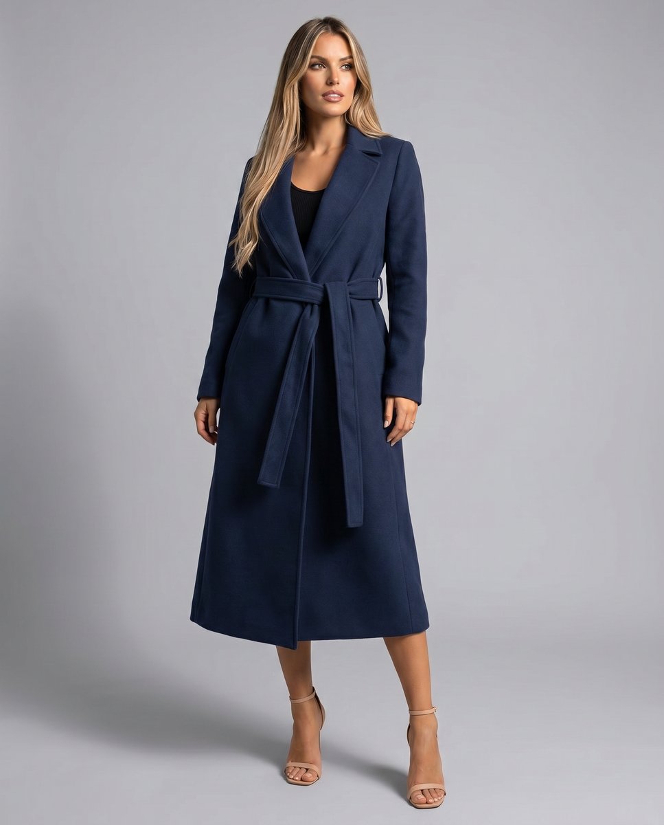 Women's Belted Wool-Blend Long Trench Coat Notched Lapel Overcoat