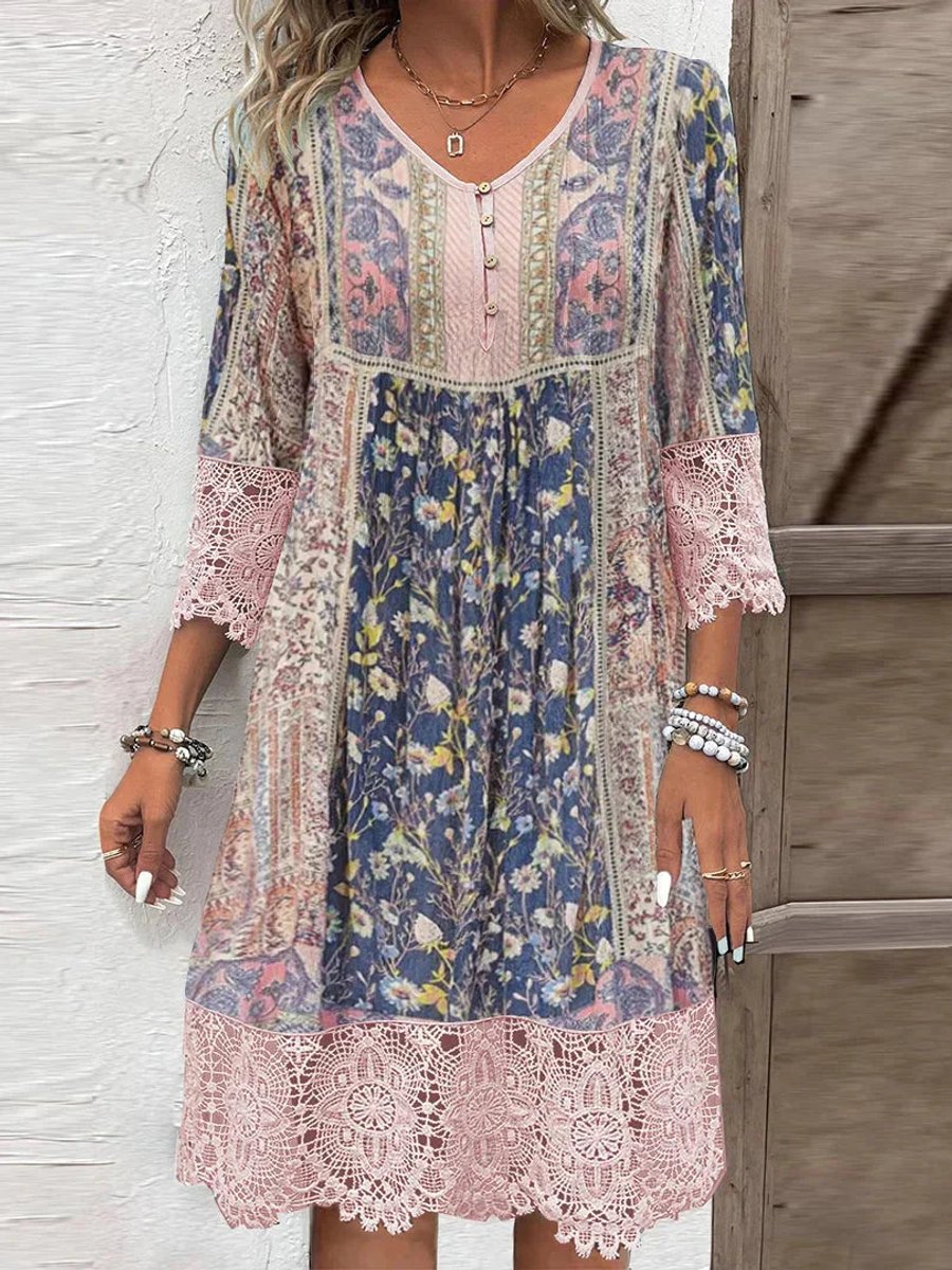 Women's Bohemian Floral Lace-Trim 3/4 Sleeve Tunic Dress - Rosa
