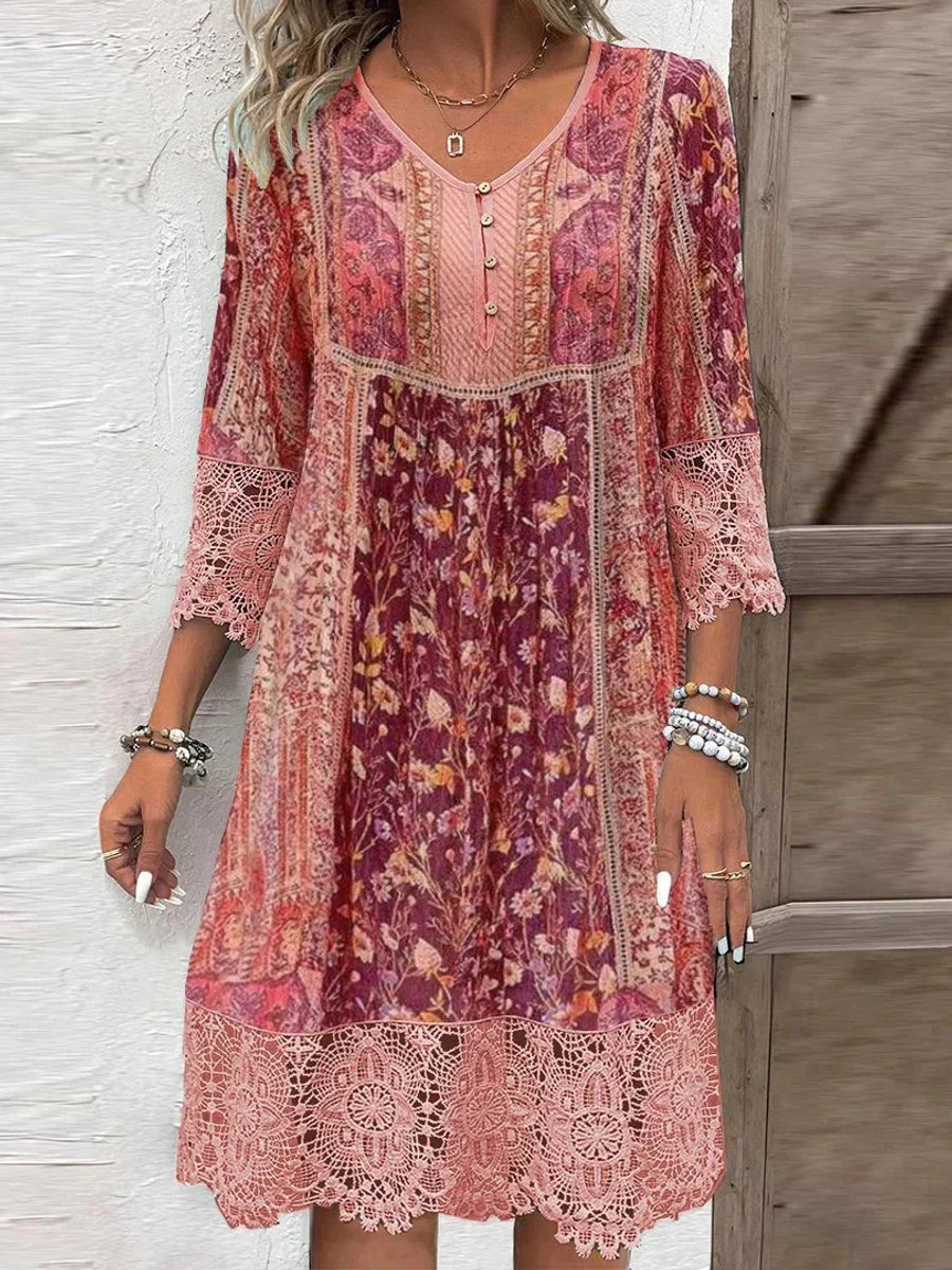Women's Bohemian Floral Lace-Trim 3/4 Sleeve Tunic Dress - Rot