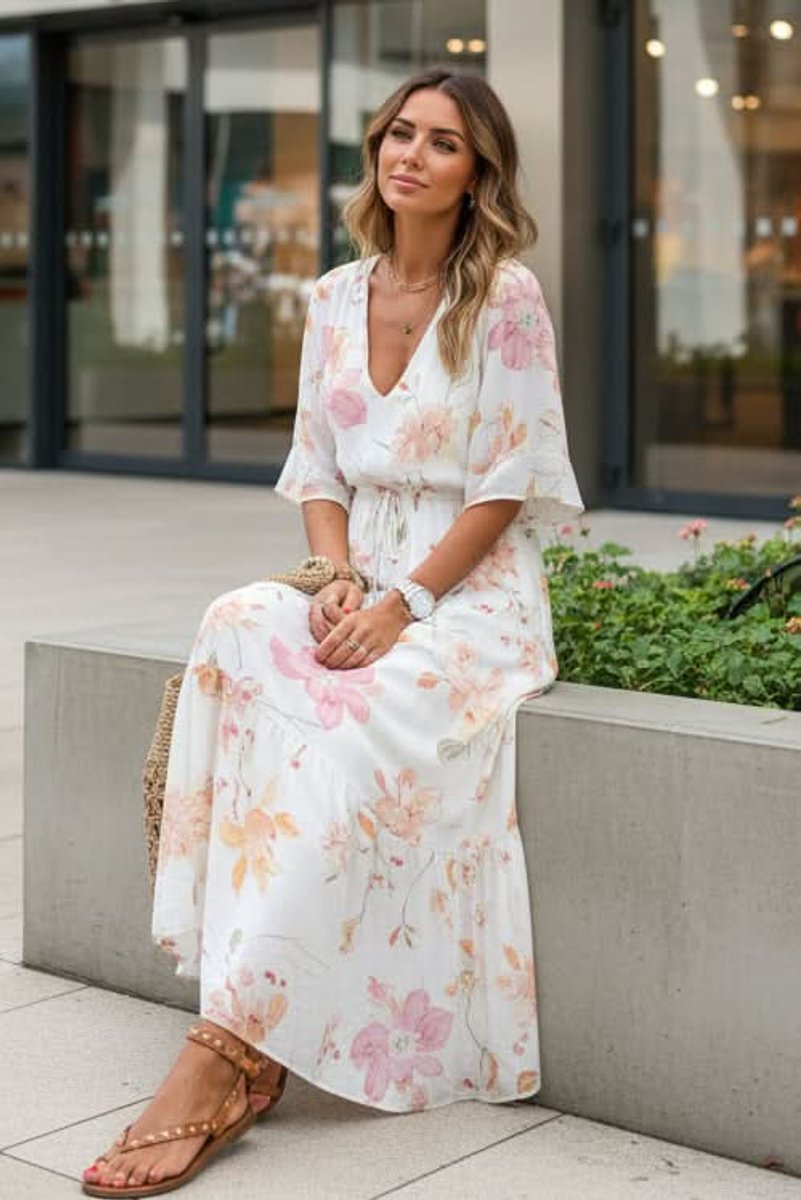 Women's Bohemian Floral Maxi Evening Gown V-Neck Summer Dress