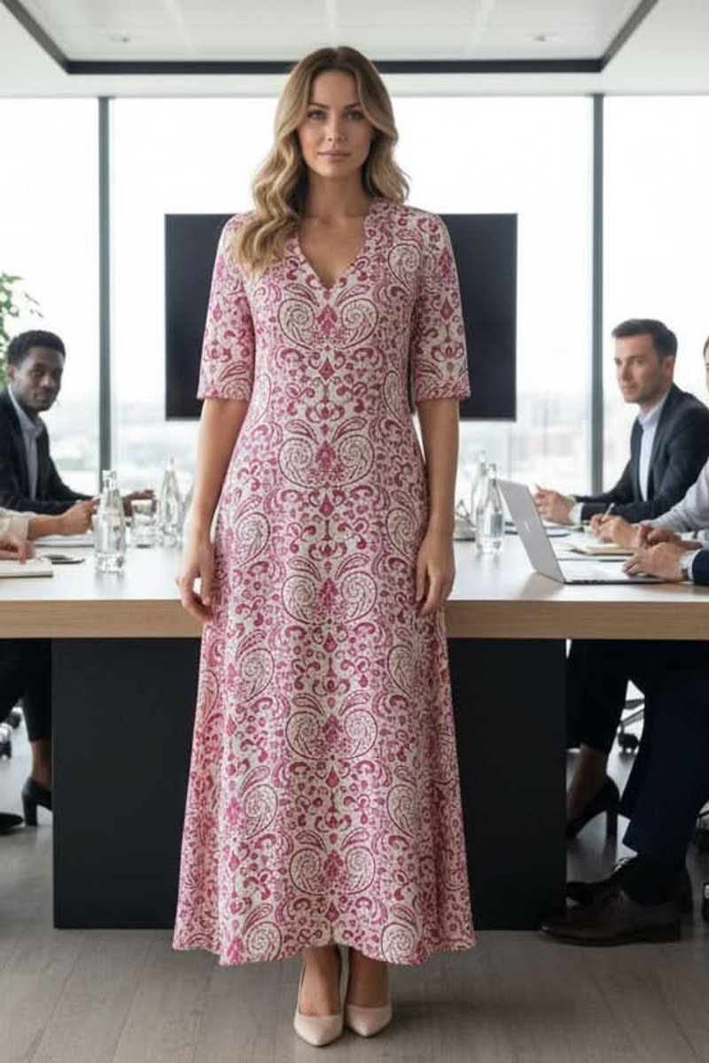 Women's Bohemian Floral Maxi Evening Gown V-Neck Summer Dress - Pink