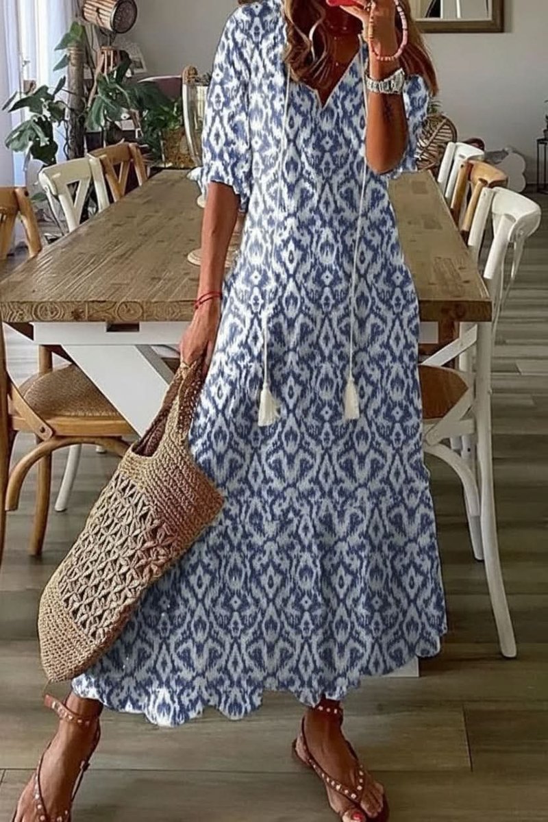 Women's Bohemian Floral Maxi Evening Gown V-Neck Summer Dress - Light Blue