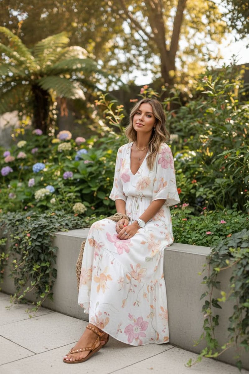 Women's Bohemian Floral Maxi Evening Gown V-Neck Summer Dress - White