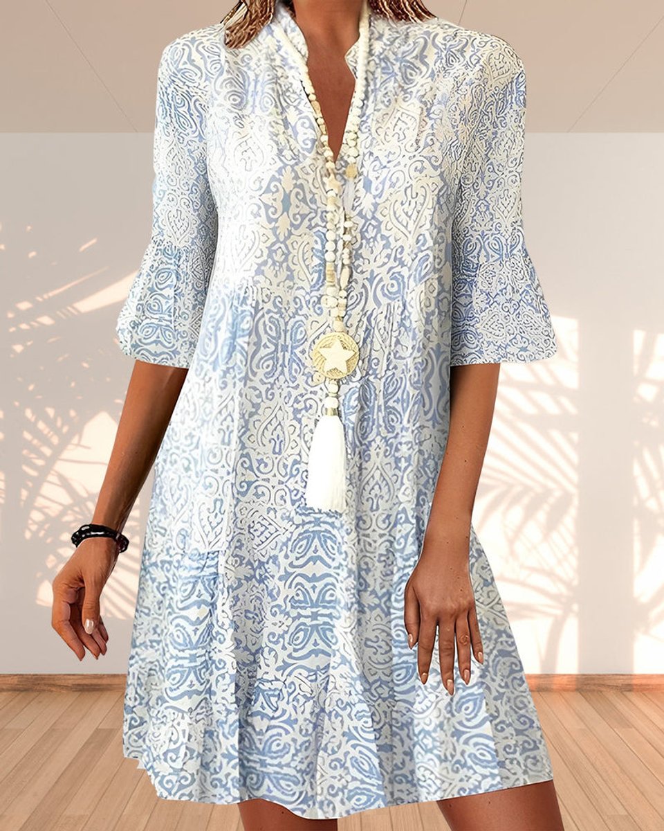 Women's Bohemian Print Flared-Sleeve V-Neck Tunic Dress