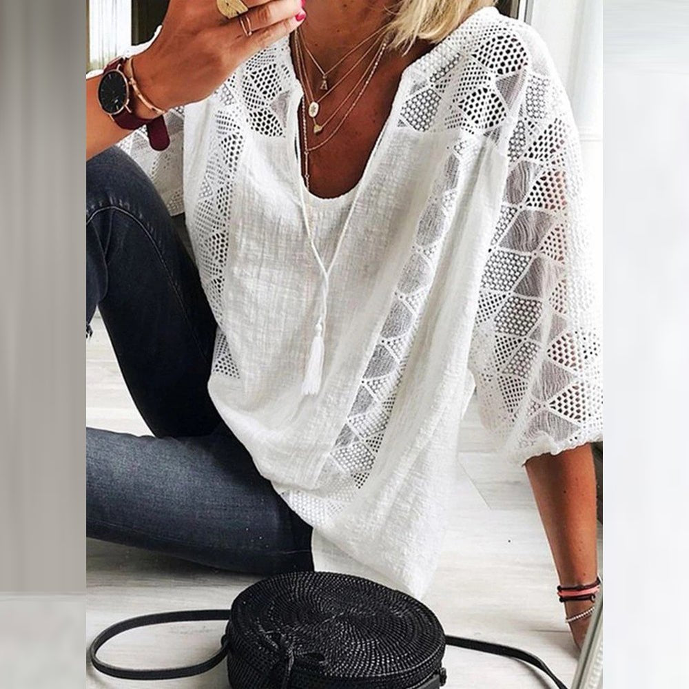 Women's Boho Crochet-Detail Loose Three-Quarter Sleeve Blouse - White(Only 3 left!)