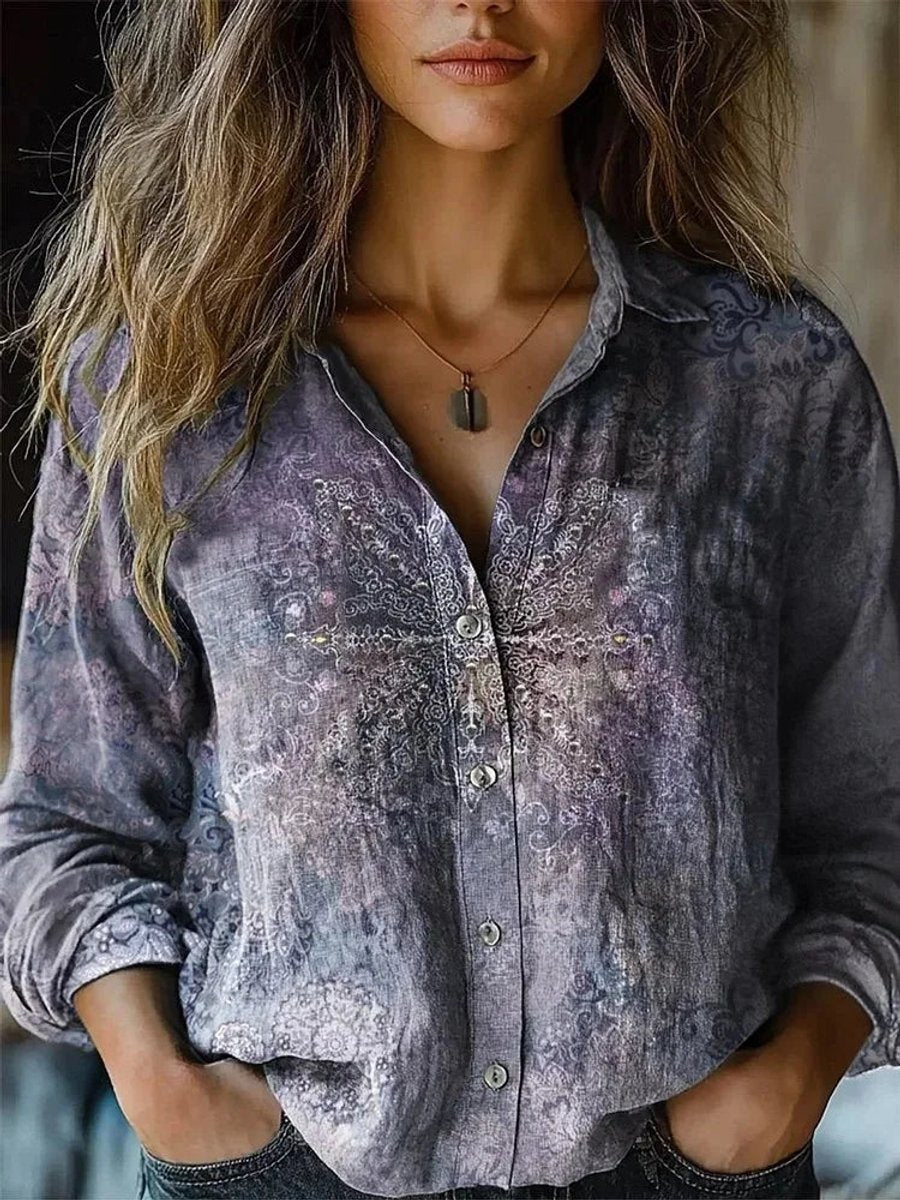 Women's Boho Floral Long Sleeve Button-Up Blouse - Purple
