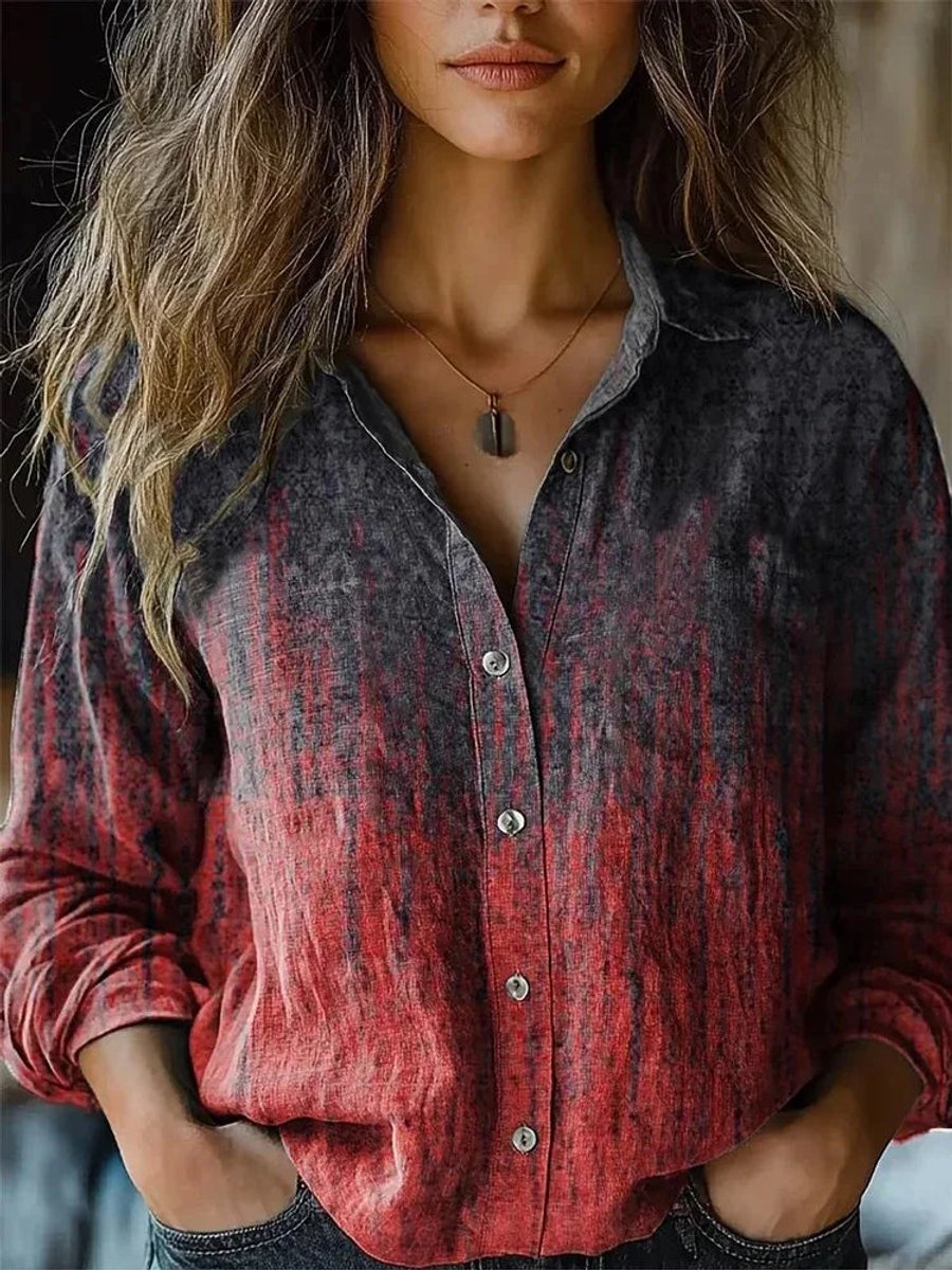 Women's Boho Floral Long Sleeve Button-Up Blouse - Red-Dark Grey