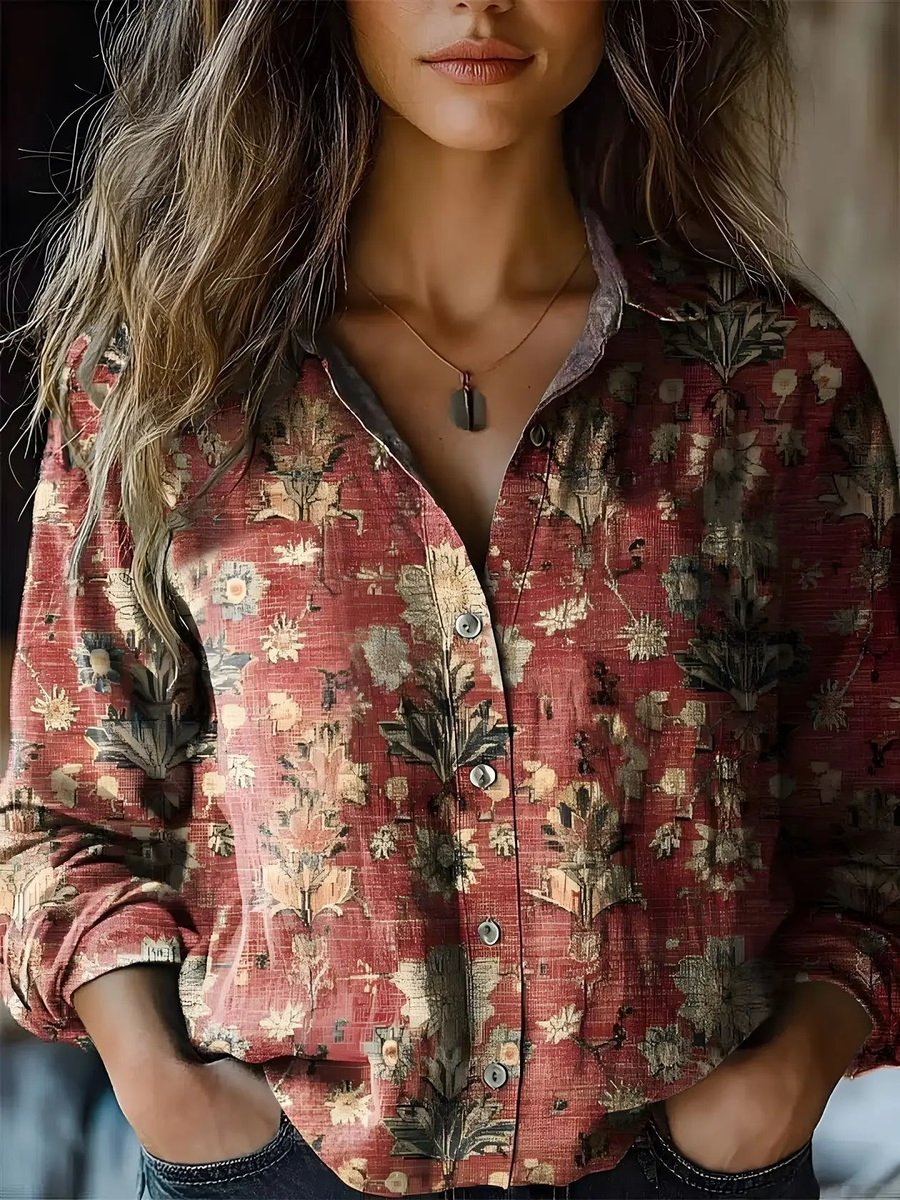Women's Boho Floral Long Sleeve Button-Up Blouse