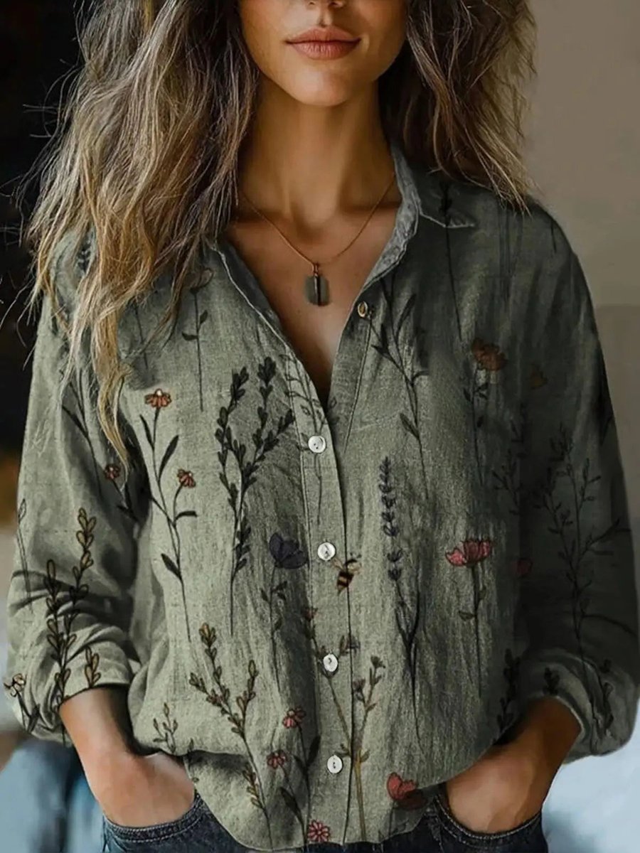 Women's Boho Floral Long Sleeve Button-Up Blouse - Olive Green
