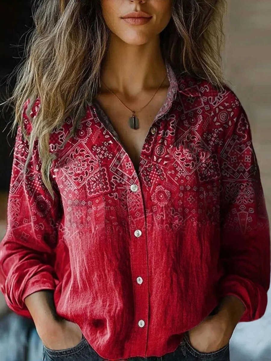 Women's Boho Floral Long Sleeve Button-Up Blouse - Deep Red