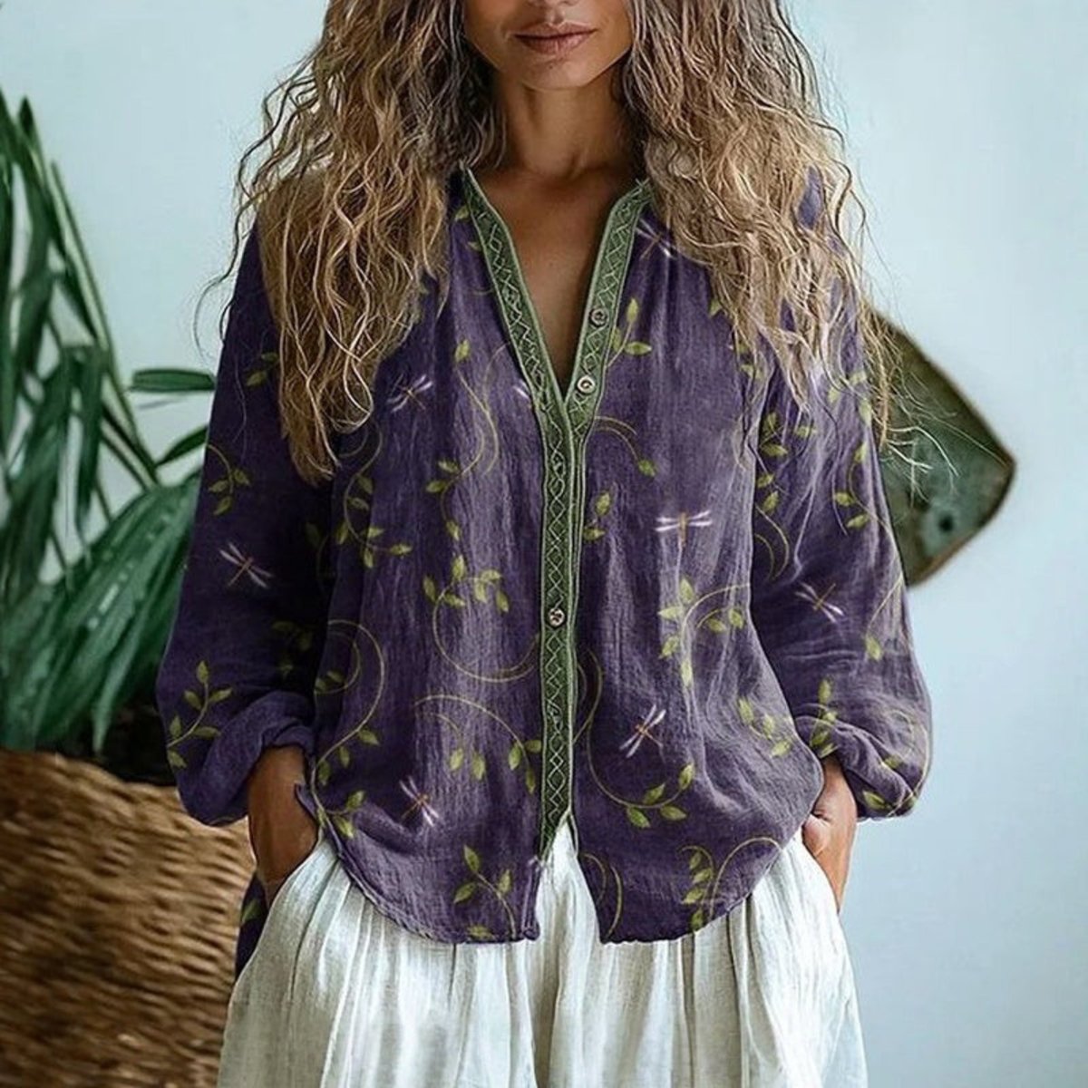 Women's Boho Linen Long Sleeve Button-Down Cardigan Blouse - Purple