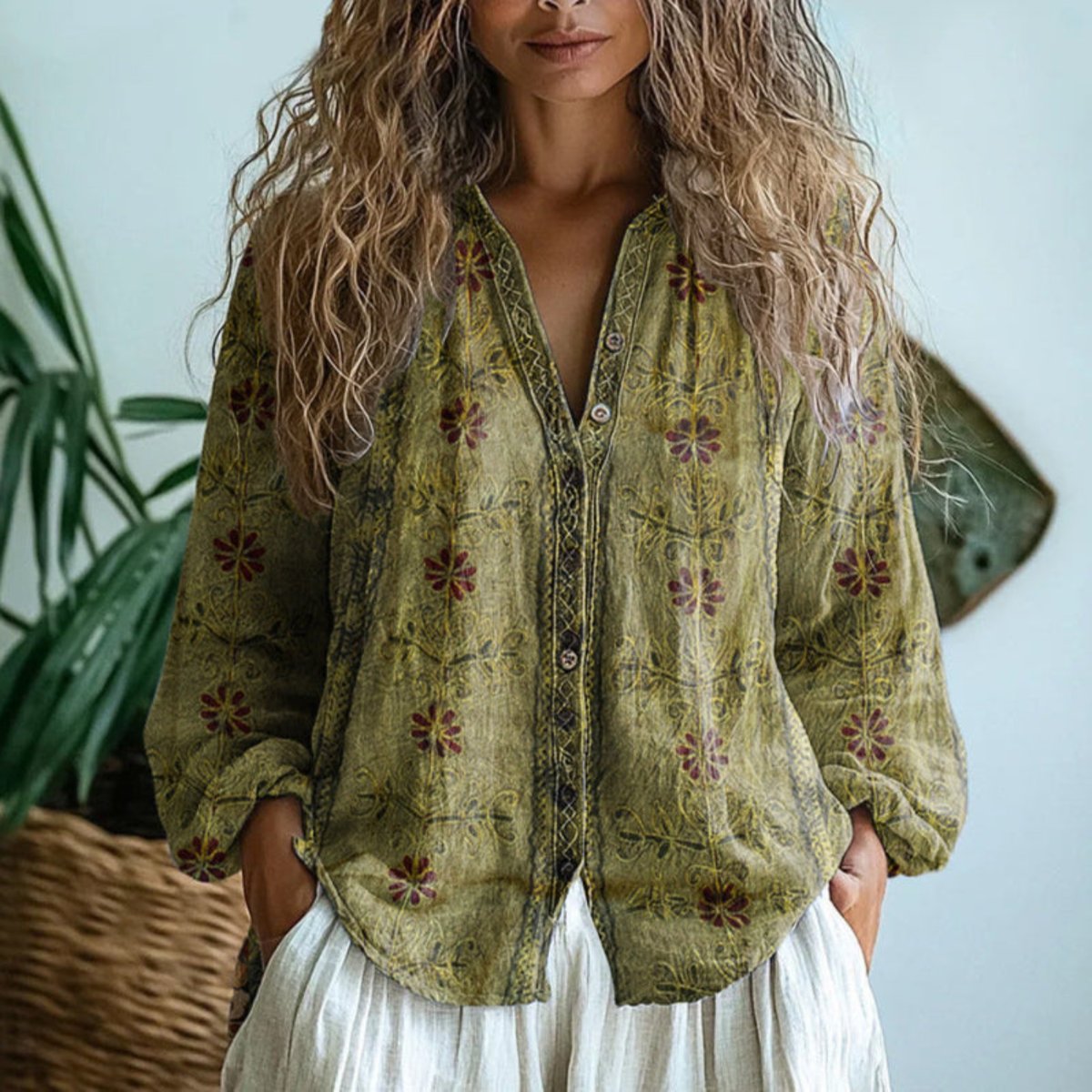 Women's Boho Linen Long Sleeve Button-Down Cardigan Blouse - Light Olive Green
