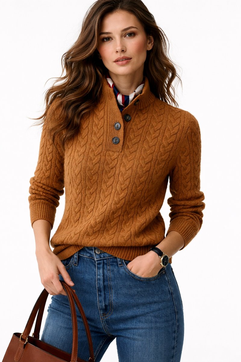 Women's Cable Knit Mock Neck Wool Blend Button Sweater - Brown