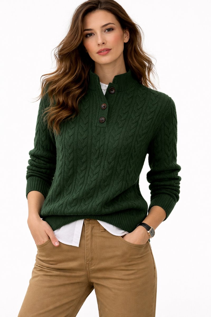 Women's Cable Knit Mock Neck Wool Blend Button Sweater - Green