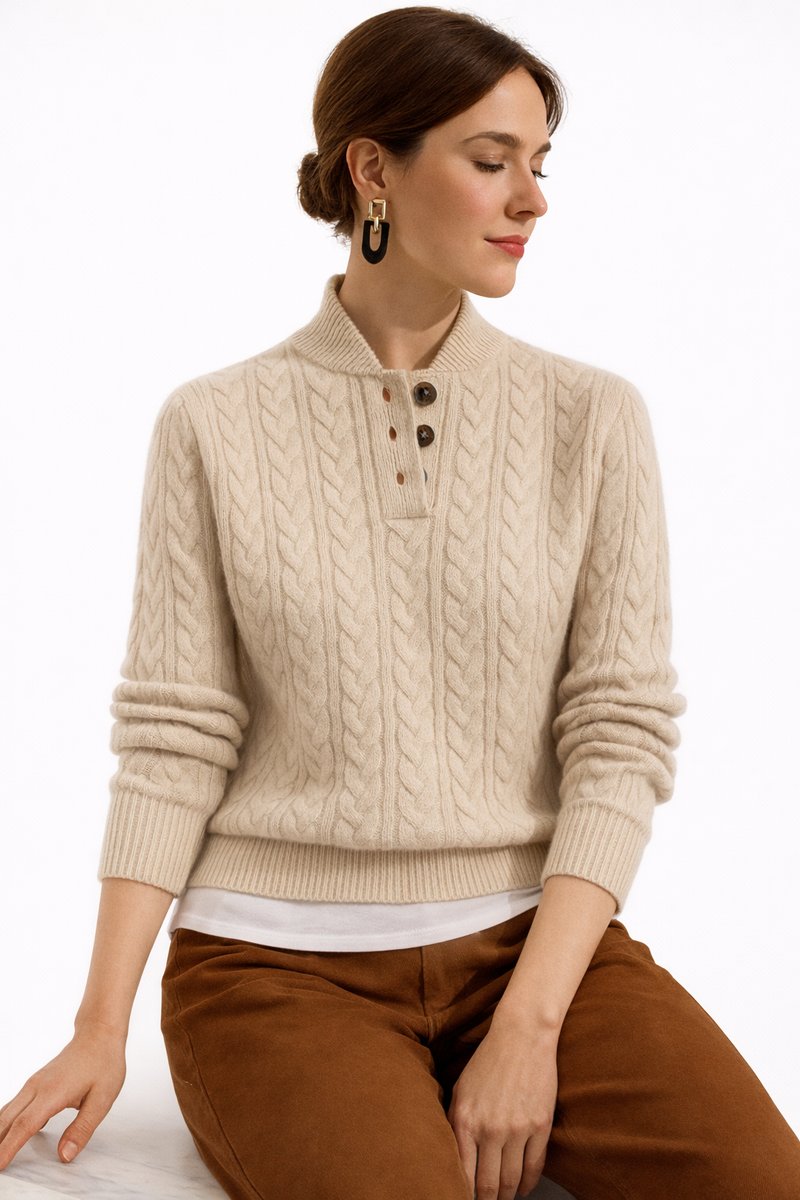 Women's Cable Knit Mock Neck Wool Blend Button Sweater - Khaki