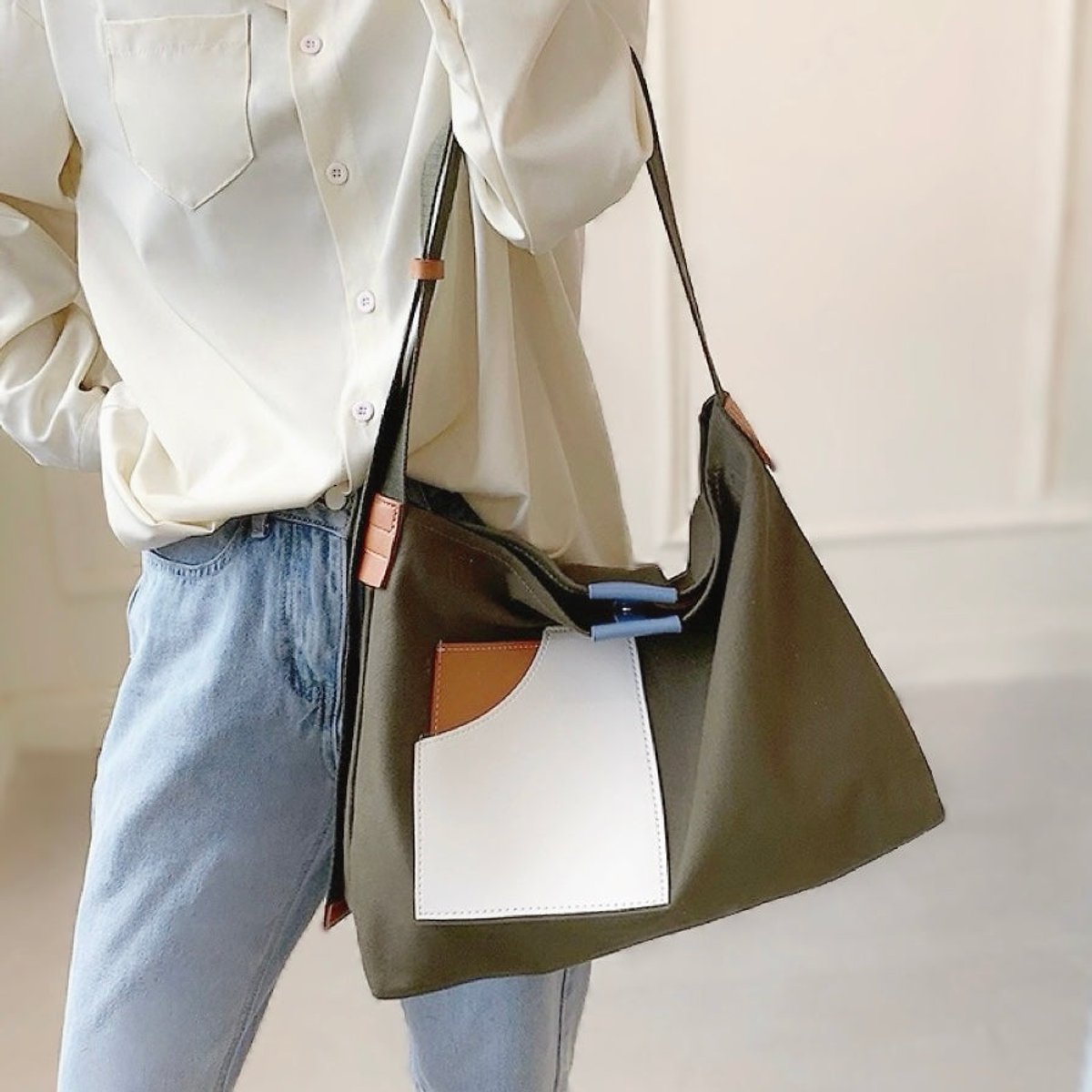 Women's Canvas Color-Block Shoulder Hobo Bag Adjustable Strap - Grün
