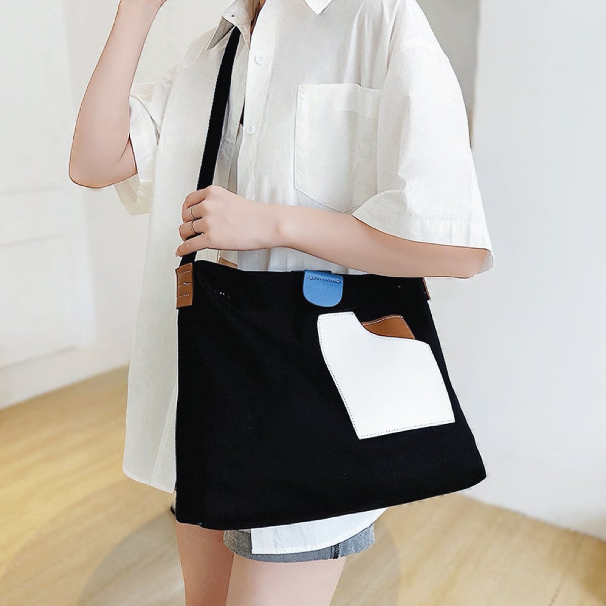 Women's Canvas Color-Block Shoulder Hobo Bag Adjustable Strap - Schwarz