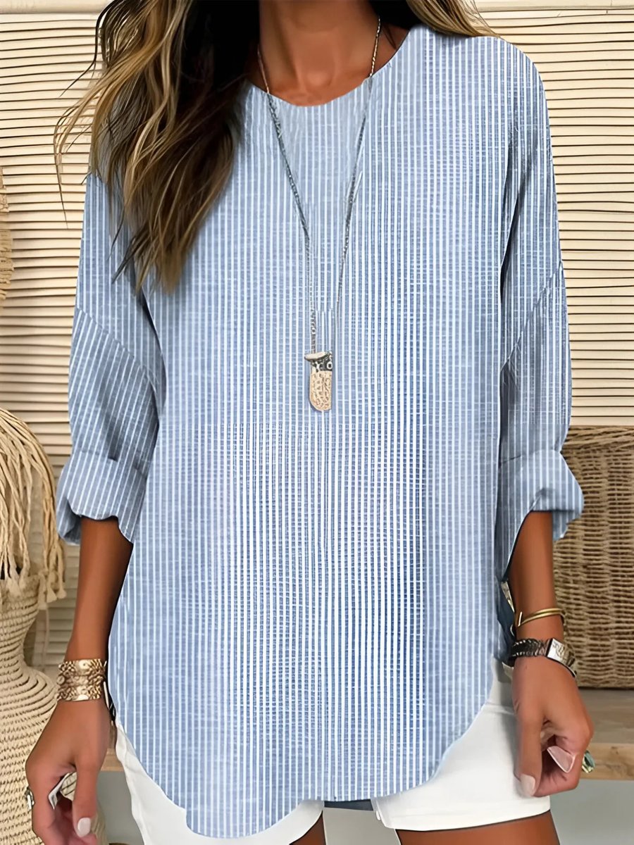 Women's Casual Long-Sleeve Striped Crew Neck Blouse - Blue