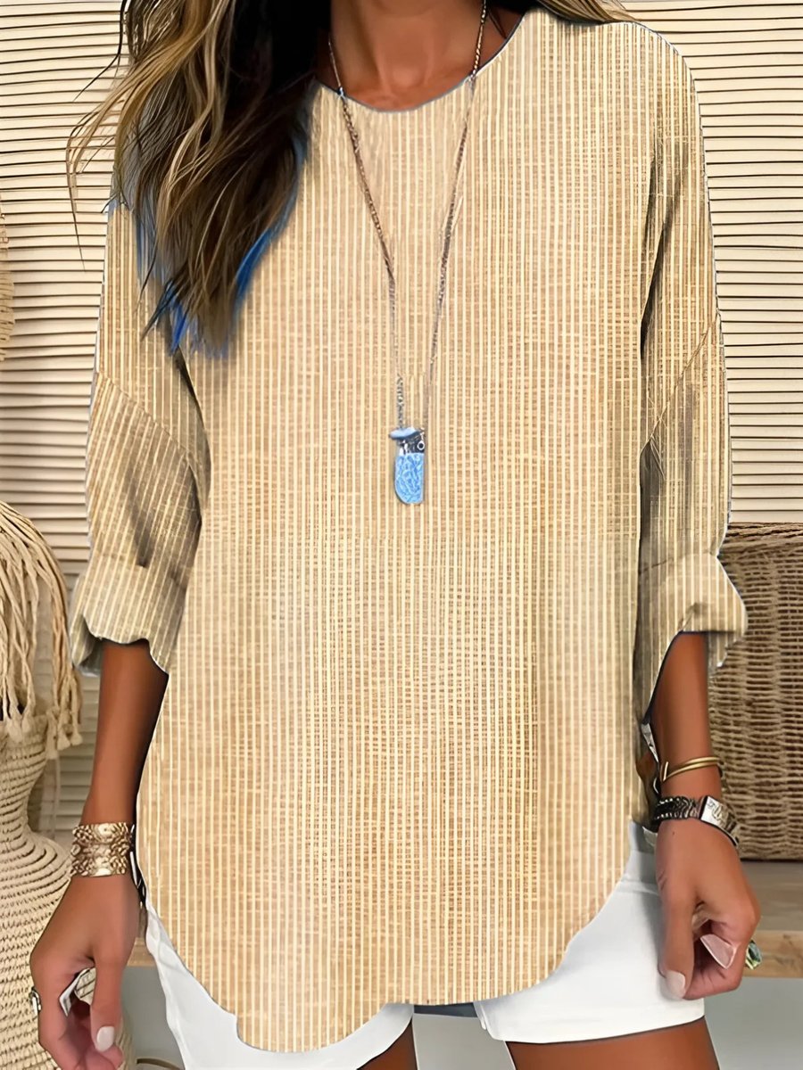 Women's Casual Long-Sleeve Striped Crew Neck Blouse - Khaki