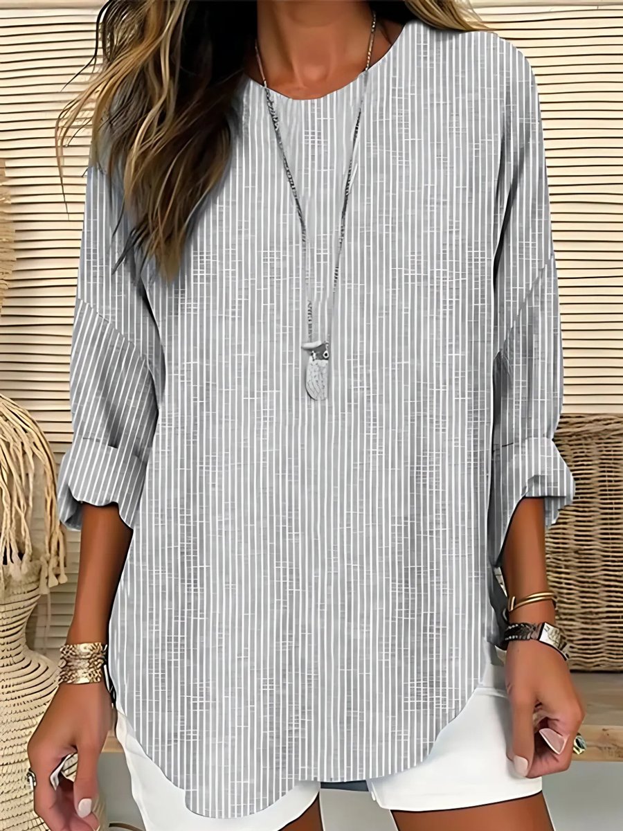 Women's Casual Long-Sleeve Striped Crew Neck Blouse - Grey