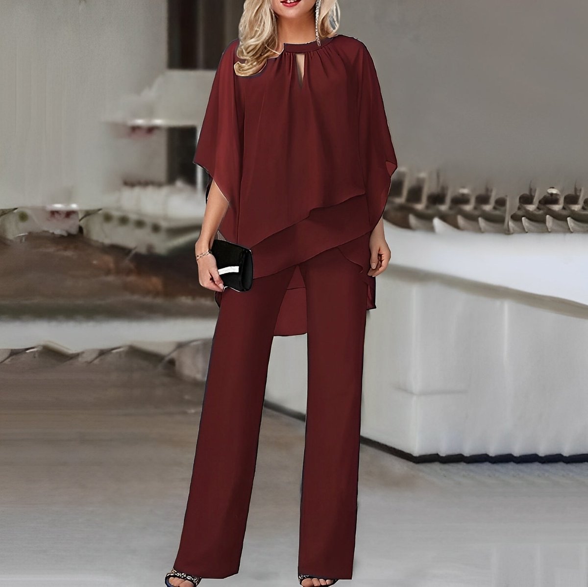 Women's Chiffon Layered Top Wide Leg Pants Two-Piece Set - Wine Red