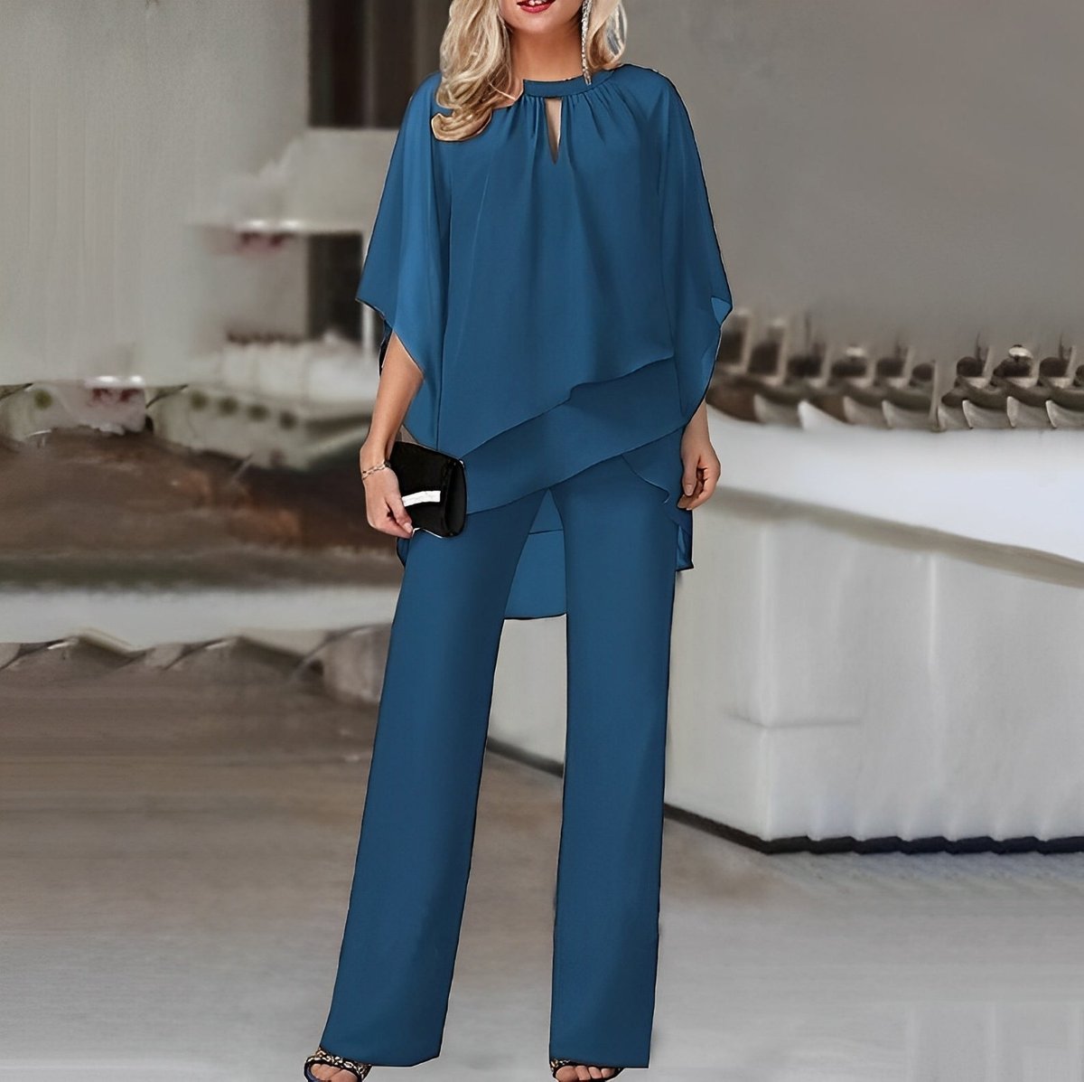 Women's Chiffon Layered Top Wide Leg Pants Two-Piece Set - Sapphire Blue