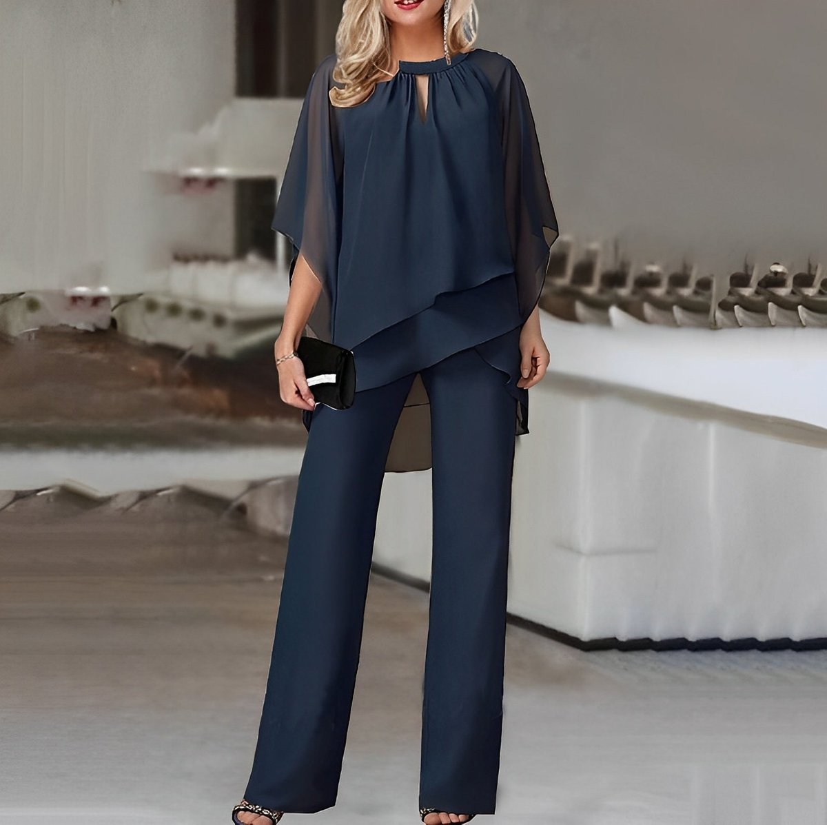 Women's Chiffon Layered Top Wide Leg Pants Two-Piece Set - Navy Blue