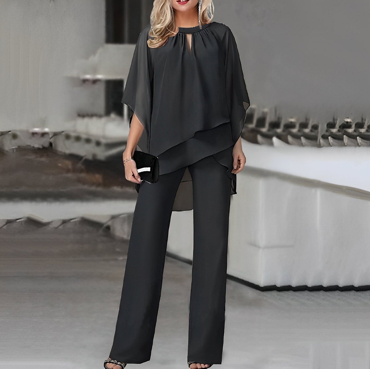 Women's Chiffon Layered Top Wide Leg Pants Two-Piece Set - Black