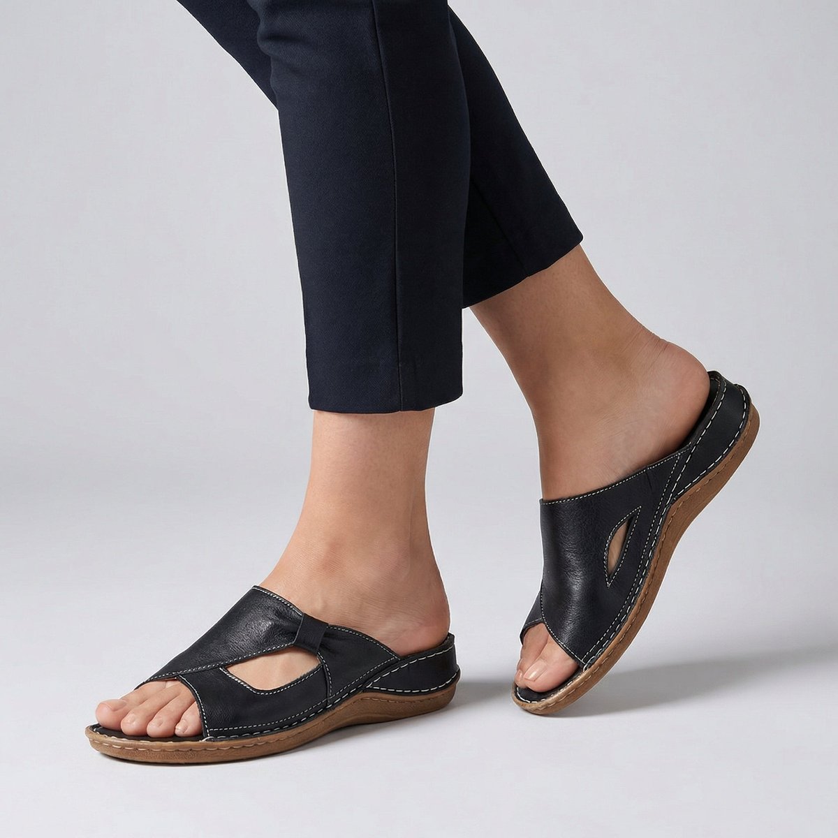 Women's Comfortable Sandals Slip-On Flat Mule Cut-Out Detail - Black