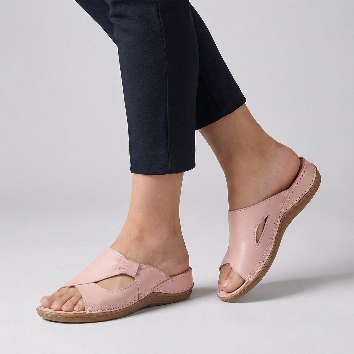 Women's Comfortable Sandals Slip-On Flat Mule Cut-Out Detail - Pink