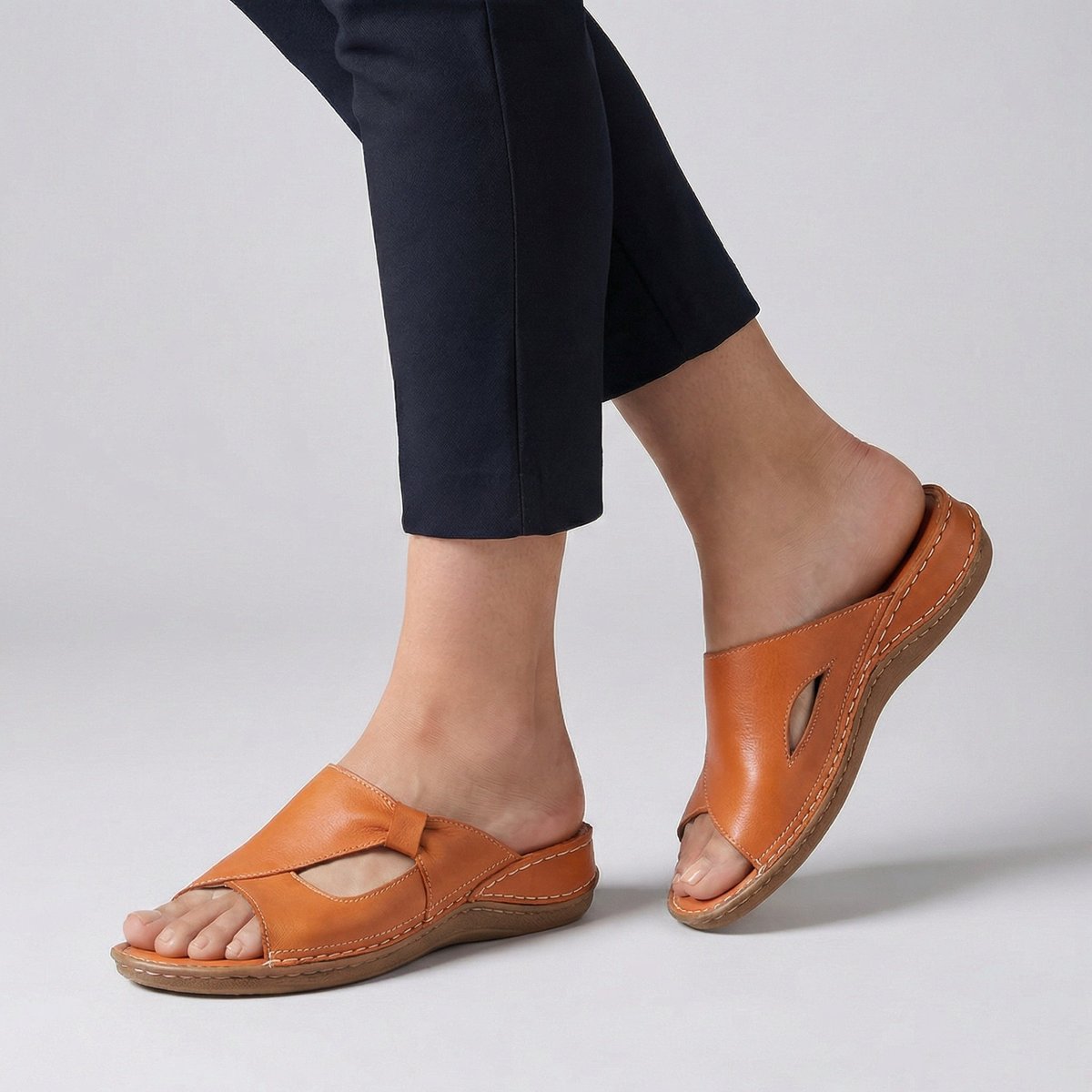 Women's Comfortable Sandals Slip-On Flat Mule Cut-Out Detail - Orange