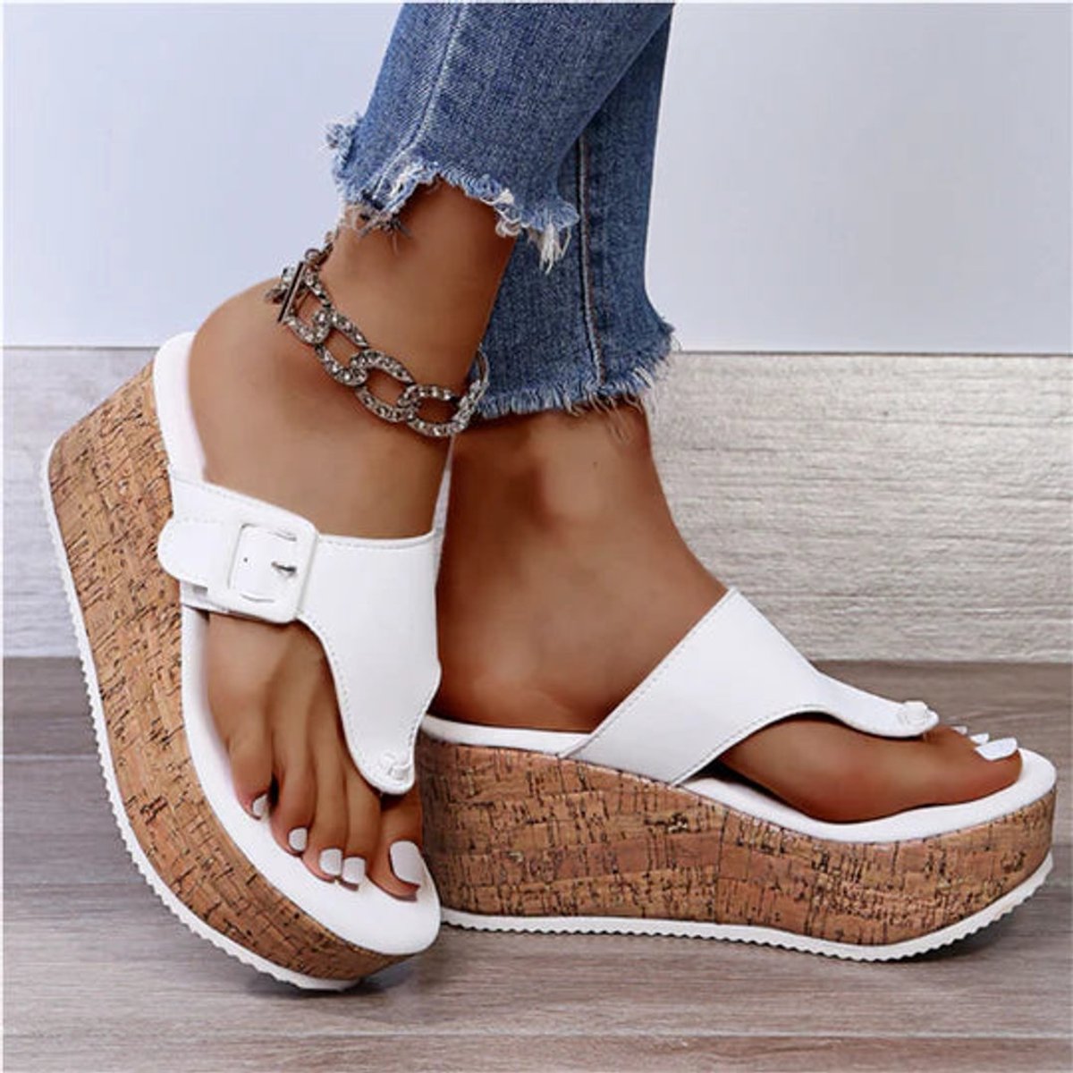 Women's Cork Wedge Thong Comfortable Sandals Platform Flip-Flops - White