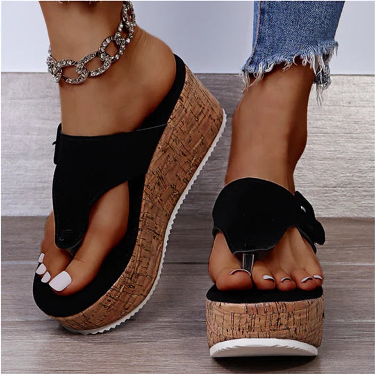 Women's Cork Wedge Thong Comfortable Sandals Platform Flip-Flops - Black