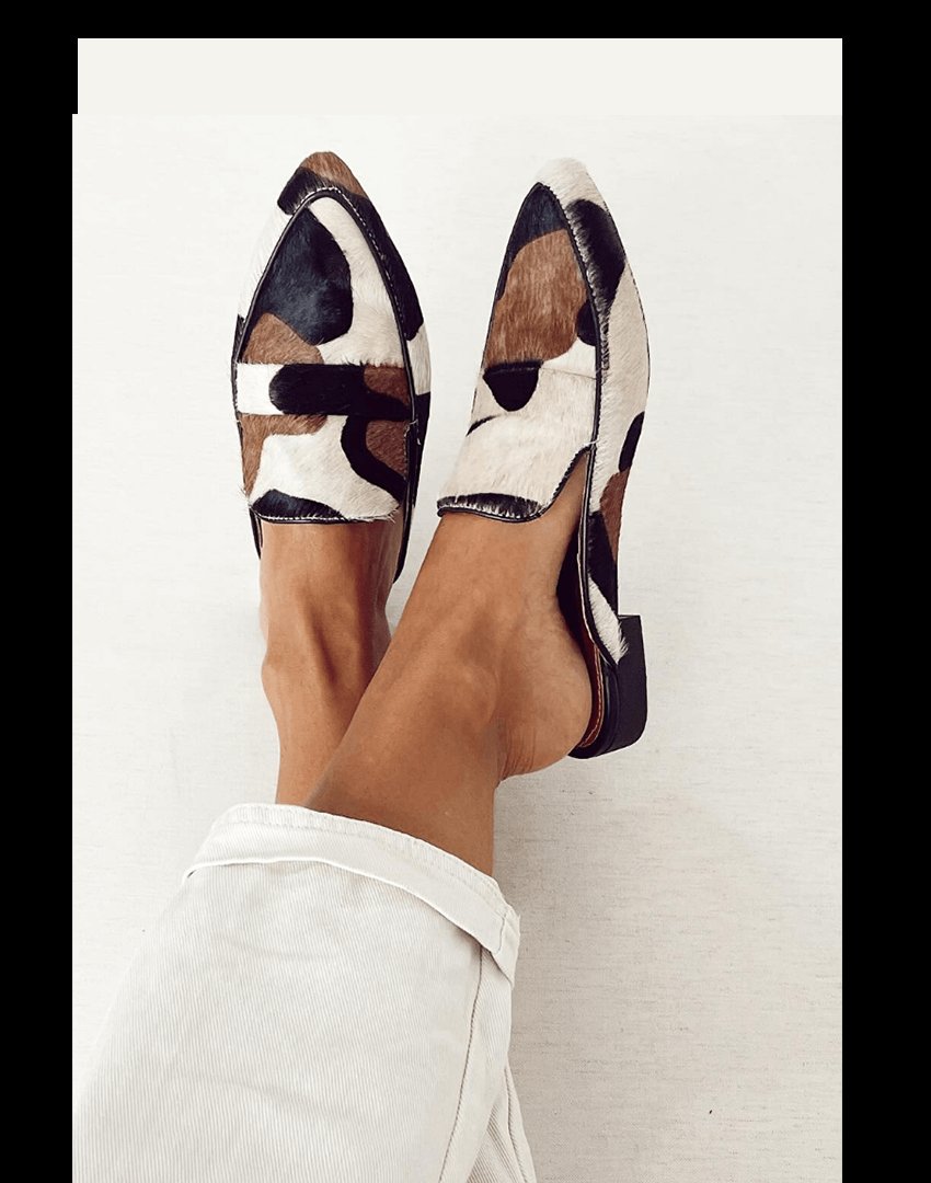 Women's Cow-Print Pointed-Toe Slip-On Loafer Mules - Black/White